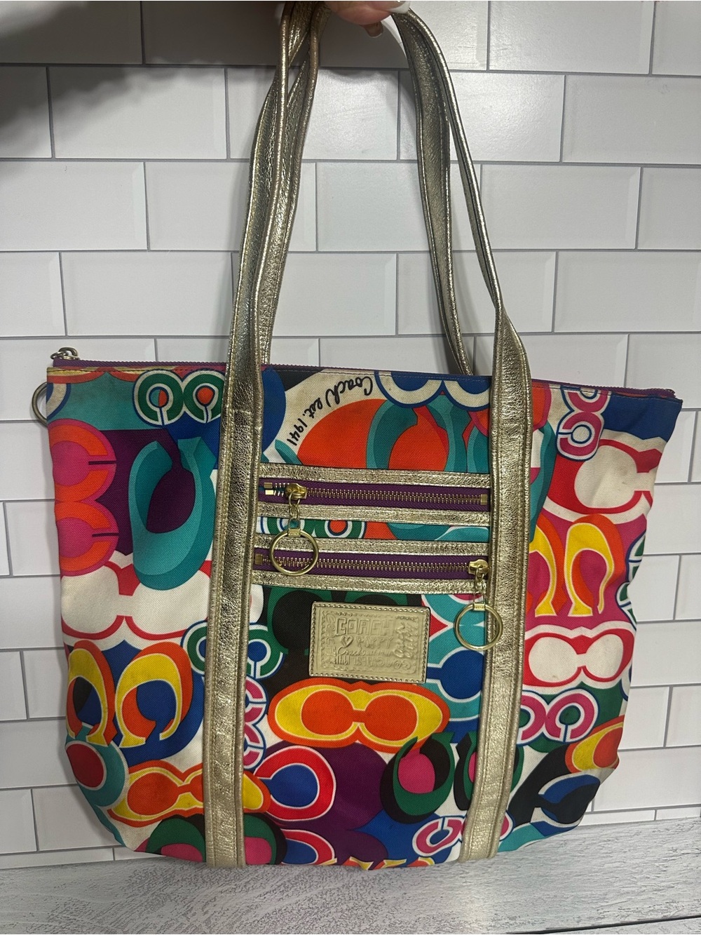 Coach Multicolor Signature Ring Print Tote with Gold Straps
